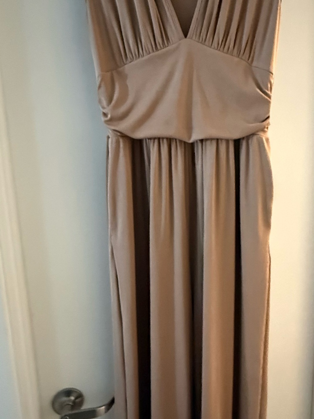 Cider Taupe V-Neck Jumpsuit with Gathered Bodice